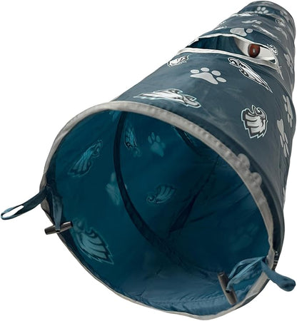 NFL Philadelphia Eagles Cat Tunnel Tube Toy with Plush Football Catnip and Feathers Collapsible Tunnel for Cats to Play, Peek and Hide, Sporty &amp; Fun Cat Tunnel Toy with Team Logo All-Over Design!