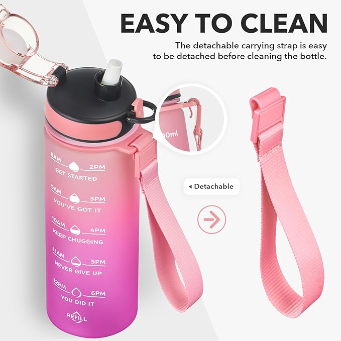 Enerbone Water Bottle, Leakproof BPA &amp; Toxic Free, Motivational Water Bottle with Times to Drink and Straw, Fitness Sports Water Bottle with Strap for Office, Gym, Outdoor Sports