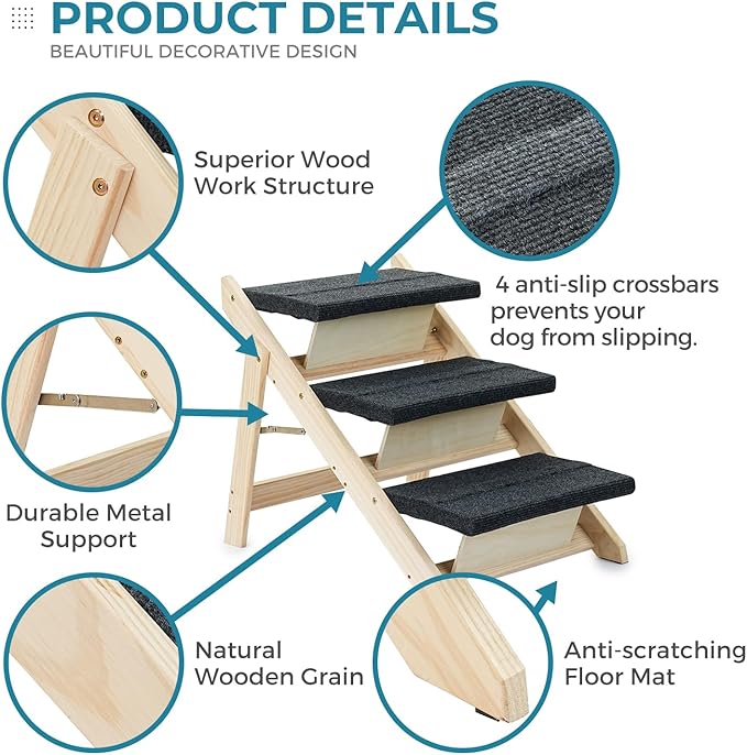Wood Pet Stairs/Pet Steps for All Dogs and Cats - 2-in-1 Foldable Carpeted 3 Tiers Dog Stairs &amp; Ramp Perfect for Beds and Cars - Portable Dog/Cat Ladder Up to 120 Pounds