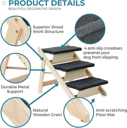 Wood Pet Stairs/Pet Steps for All Dogs and Cats - 2-in-1 Foldable Carpeted 3 Tiers Dog Stairs &amp; Ramp Perfect for Beds and Cars - Portable Dog/Cat Ladder Up to 120 Pounds