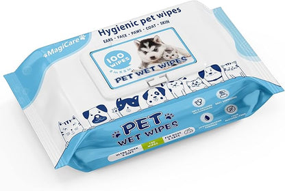 MAGICARE Pet Wipes – 100 pcs Dog Wipes – 8x8 Inch Unscented Dog Paw Cleaner Wipes for Body, Ears, Face, and Skin – Ultra Thick and Soft with Hypoallergenic Formula – Ideal Pet Wipes for Dogs &amp; Cats