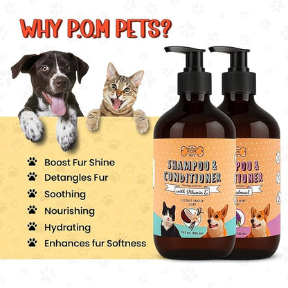 POM Pets 2 Pack 2-in-1 Organic Dog Shampoo &amp; Conditioner – Itchy Skin Relief, Dog Deshedding, Detangles Fur, Cat Shampoo, Paw Cleaner for Dogs, Natural Coat Defense Formula