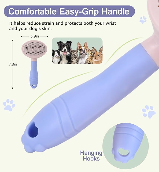 Pet Self-Cleaning Slicker Brush for Dogs &amp; Cats, Deshedding Grooming Comb, Removes Loose Undercoat Hair &amp; Mats, Skin-Friendly Massaging Tool for Long/Short Fur, Large &amp; Small Breeds (Purple)