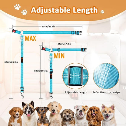 Removable Dog Seat Belt Harness for Car, 3 in 1 Pet Dog Car Seatbelt Leash, Retractable Restraint Secures to Vehicle Headrest &amp; Adjustable Reflective Bungee Dog Seatbelt Tether, Blue