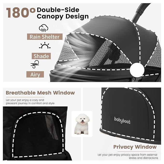 Lightweight Dog Stroller for Small Dogs &amp; Cats Portable Compact Folded Pet Stroller Up to 35lbs Medium Pets One Click Folding Large Cat Carriage with Convertible Canopy Storage Basket-Black