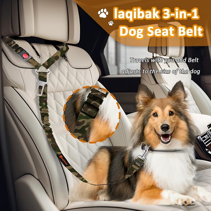 Removable Dog Seat Belt Harness for Car, 3 in 1 Pet Dog Car Seatbelt Leash, Retractable Restraint Secures to Vehicle Headrest &amp; Adjustable Reflective Bungee Dog Seatbelt Tether, Camouflage