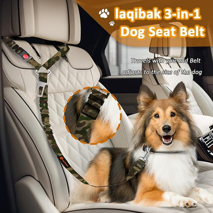 Removable Dog Seat Belt Harness for Car, 3 in 1 Pet Dog Car Seatbelt Leash, Retractable Restraint Secures to Vehicle Headrest &amp; Adjustable Reflective Bungee Dog Seatbelt Tether, Camouflage
