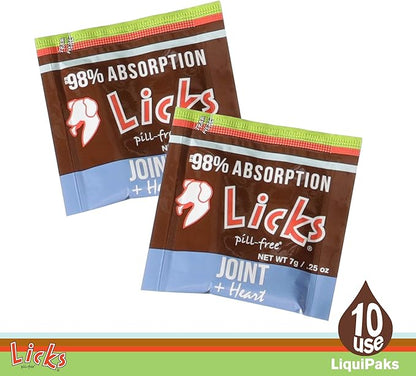 Licks Pill-Free Dog Joint and Heart - Glucosamine &amp; Omega 3 Fish Oil Supplement for Dogs - Inflammation Supplements for Joint Support - Gel Packets - 10 Use