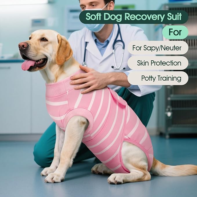 Kuoser Recovery Suit for Dogs After Surgery, Soft Dog Surgery Suit Female Anti Licking Dog Onesie E-Collar &amp; Cone Alternative, Breathable Pet Surgical Recovery Shirt, Pink Strips L