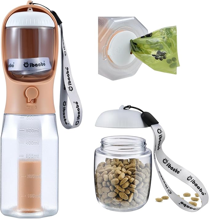 Dog Water Bottle with Food Container &amp; Poop Bag Holder, Travel Water Bowl, Portable Pet Dispenser, Dog Stuff Accessories Items, Puppy Essentials Necessities for Yorkie Chihuahua Walking Hiking