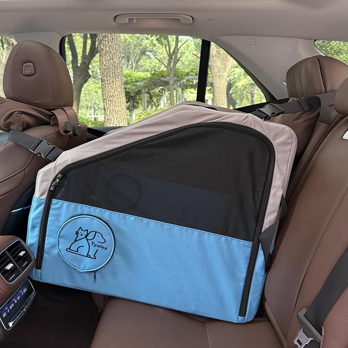 Large Portable Pet Crate for Car Travel, 24"x22"x25" Foldable Dog &amp; Cat Carrier with Secures Seatbelt &amp; Headrest Strap, Oxford Soft-Sided Pet Kennel with Removable Bed for Medium &amp; Large Pets