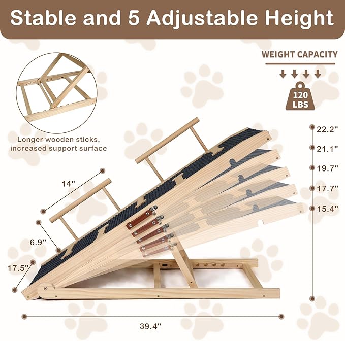 Dog Ramp for Bed, Non-Slip Pet Ramp with 5 Adjustable Heights, Portable Foldable Wooden 40" Long Pet Stairs for Small &amp; Large Old Dogs &amp; Cats - Lightweight &amp; Easy Storage