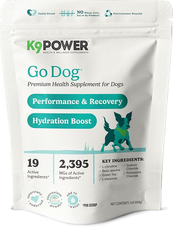 K9 Power Go Dog Hydration &amp; Performance Drink Mix 1 lb - Active Dog Supplement for Muscle Function, Endurance, Recovery, with Electrolytes Support