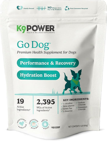 K9 Power Go Dog Hydration &amp; Performance Drink Mix 1 lb - Active Dog Supplement for Muscle Function, Endurance, Recovery, with Electrolytes Support