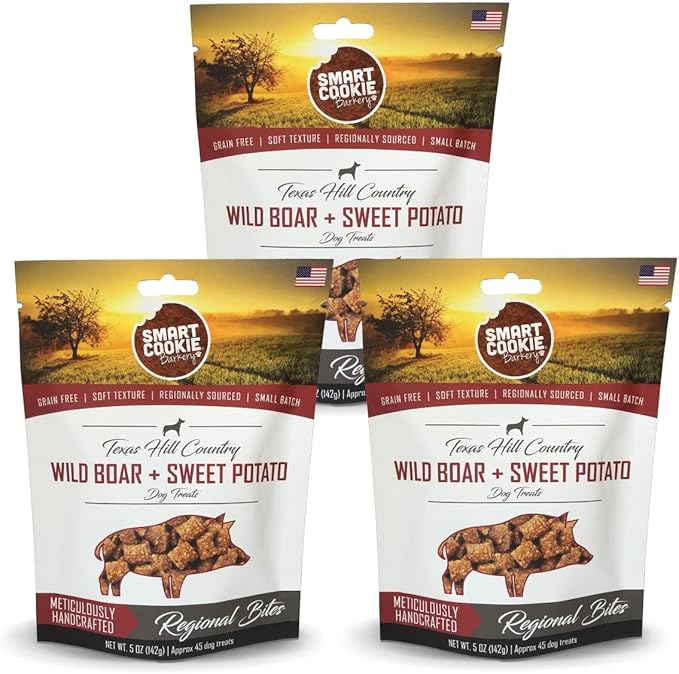 Smart Cookie All Natural Dog Treats - Wild Boar &amp; Sweet Potato - Training Treats for Dogs with Allergies, Sensitive Stomachs - Soft Dog Treats, Chewy, Grain Free, Made in USA - 5oz Bag, Pack of 3