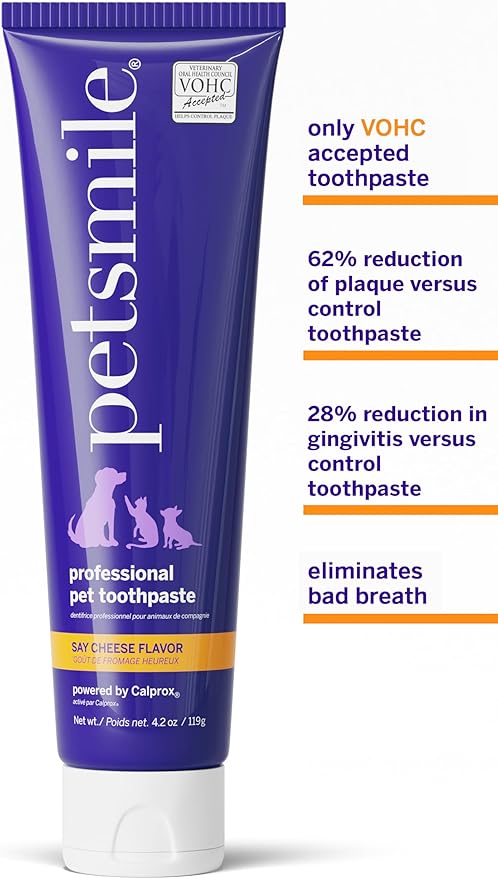 Petsmile Professional Pet Teeth Brushing Kit for Cats &amp; Dogs - Only VOHC Accepted Toothpaste &amp; Patented Toothbrush - Proven to Control Plaque &amp; Tartar Calprox Formula (Say Cheese, 4.2 Oz)