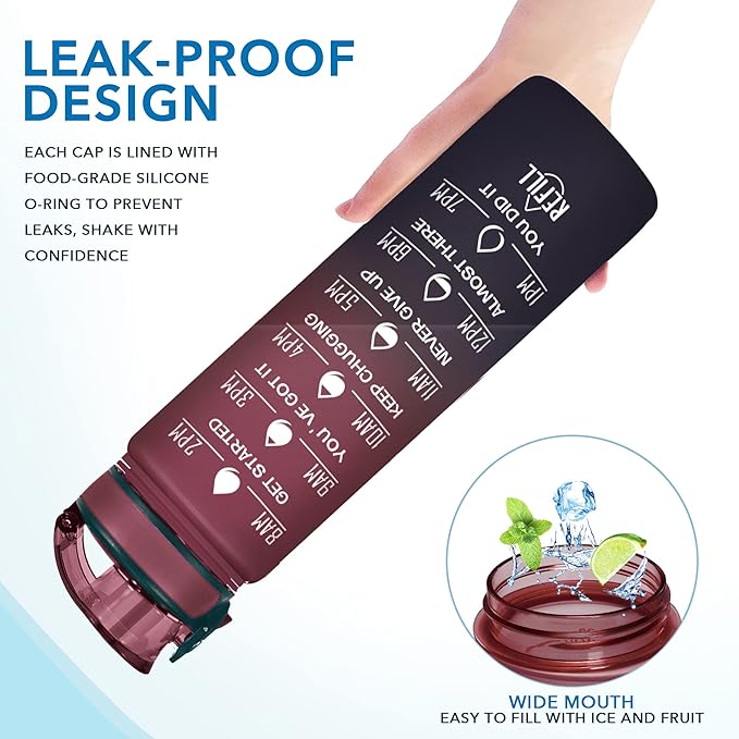 Enerbone Water Bottle, Leakproof BPA &amp; Toxic Free, Motivational Water Bottle with Times to Drink and Straw, Fitness Sports Water Bottle with Strap for Office, Gym, Outdoor Sports