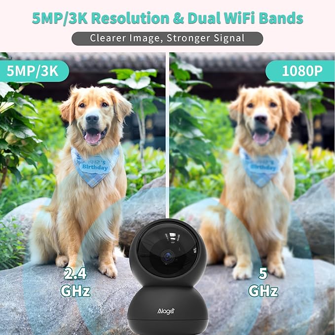 Alaga 3K Pet Camera, Dog Monitor with Phone App, 360° Pan/Tilt, Night Vision, Speaker, WiFi Cameras for Dog/Cat, Compatible with Alexa &amp; Google Assistant, Black, Includes 1-Year Pet Time Album