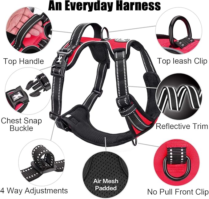 PoyPet No Pull Dog Harness, Reflective Comfortable Vest Harness with Front &amp; Back 2 Leash Attachments and Easy Control Handle Adjustable Soft Padded Pet Vest for Small to Large Dogs (Red,XS)
