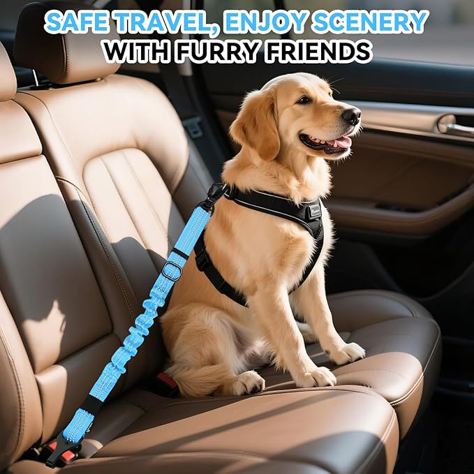 Pawaboo Dog Seatbelt for Car, 3-in-1 Dog Seat Belt Bungee, Shockproof Dogs Tether for Car with Buckle &amp; Hook Latch, Adjustable Reflective Dogs Cars Harness Leash with 360° Lockable Buckle, Blue