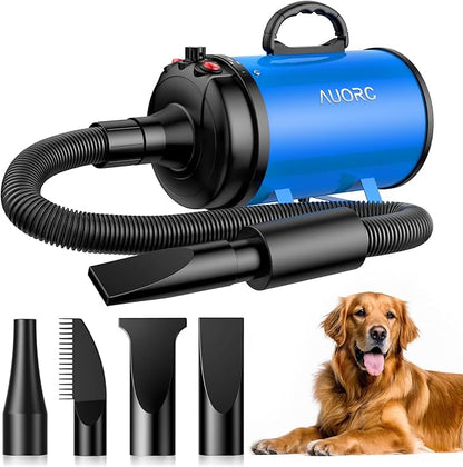 Dog Dryer, 5.2HP/3800W High Velocity Dog Hair Dryer with 4 Nozzles, Stepless Adjustable Speed &amp; Temperature Control, Low Noise Professional Dog Grooming Dryer (Blue)