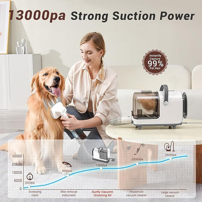 Bunfly Dog Grooming Kit,13000Pa Strong Grooming &amp; Vacuum Suction 99.99% Pet Hair, 16 Pet Grooming Tools for Dogs Cats, 3L Large Capacity Dust Cup, Quiet Pet Vacuum Groomer (Silver &amp; White)