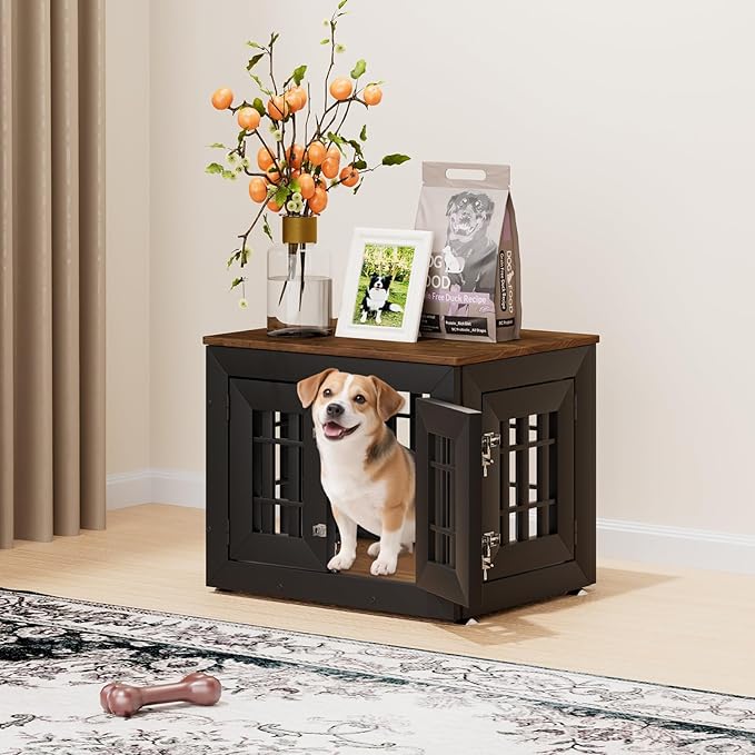 26" Heavy Duty Dog Crate Furniture for Small,Medium and Large Dogs,Rustic Wooden Dog Cage Kennel Indoor Furniture with Waterproof Top,Decorative Pet House Side End Table (Black &amp; Wood)