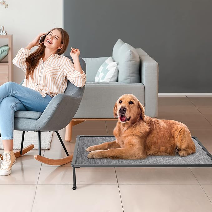 Veehoo Chewproof Elevated Dog Bed - Cooling Raised Pet Cot, Breathable Mesh, Washable &amp; Non-Slip for Large Dogs, Indoor/Outdoor, Black Silver Mat and Black Frame, 42x30inches (Model CWC2203A03)