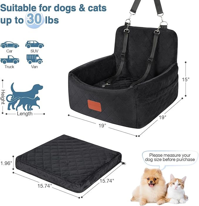 Dog Car Seat for Small Dogs Under 30lbs, Washable Pet Travel Car Bed with Memory Foam,Fully Detachable Cover,2 Storage Pockets &amp; Safety Leash,Non-Slip Bottom(Black)