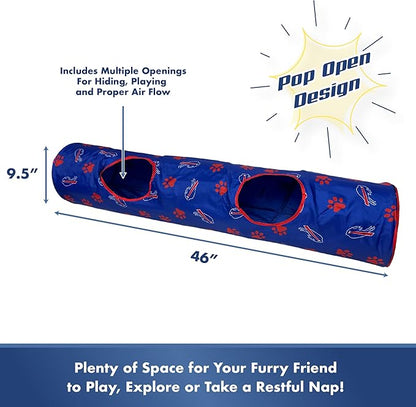 NFL Buffalo Bills Cat Tunnel Tube Toy with Plush Football Catnip and Feathers Collapsible Tunnel for Cats to Play, Peek and Hide, Sporty &amp; Fun Cat Tunnel Toy with Team Logo All-Over Design!