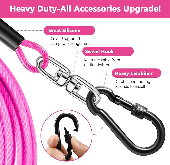 Dog Tie Out Cable 10FT-500Lbs,Heavy Duty Dog Leads&amp;Tether for Yard with Swivel Hook,Small Large Dogs Leash Line for Outside,Rust Chew Proof Dogs Run Cable for Outdoor Camping(Pink, 10FT)