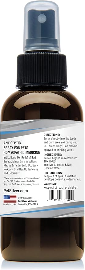 PetSilver Teeth &amp; Gum Spray - Dog Dental &amp; Teeth Cleaning Spray for Plaque &amp; Tartar Build-Up Reduction - Natural Breath Freshener for Dogs and Cats - Patented Chelated Silver - Made in The USA - 4 oz