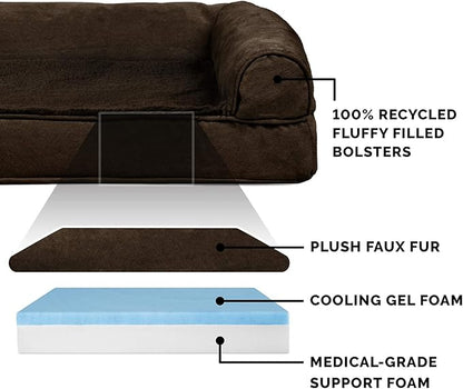 Furhaven Cooling Gel Dog Bed for Large Dogs w/ Removable Bolsters &amp; Washable Cover, For Dogs Up to 125 lbs - Plush &amp; Suede Sofa - Espresso, Jumbo Plus/XXL