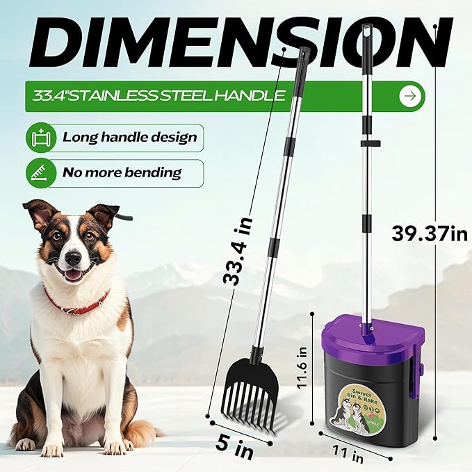UPSKY Dog Pooper Scooper Swivel Bin &amp; Rake Kit with 100 Waste Bags,33.4" Stainless Steel Long Handle Heavy Duty Pet Poop Shovel for Large Medium Small Dogs, Odor-Proof Lid for Yard/Lawn/Outdoor Use