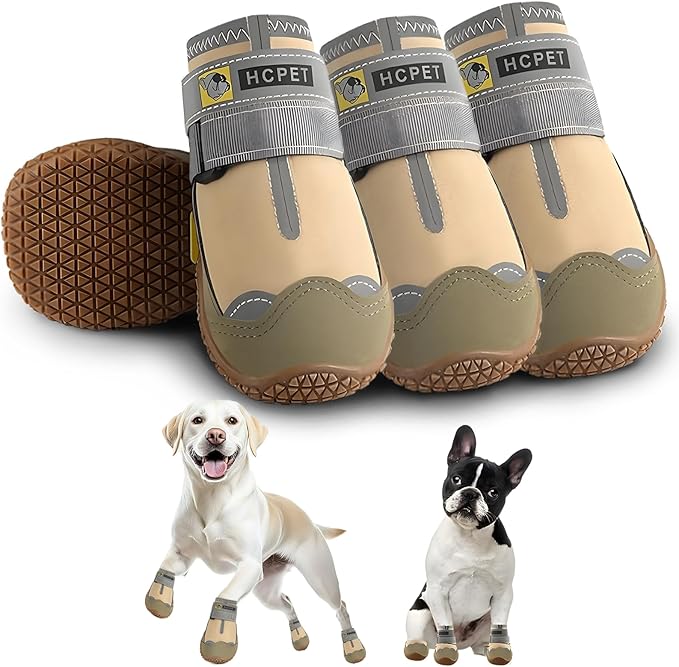 Hcpet Dog Shoes for Large Dogs, Waterproof Dog Booties for Small Medium Dogs, Anti-Slip Dog Boots &amp; Paw Protectors for Hot Pavement Winter Snow Hiking with Reflective Straps Khaki Size 8