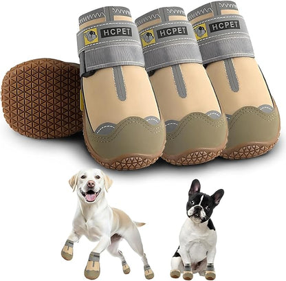 Hcpet Dog Shoes for Large Dogs, Waterproof Dog Booties for Small Medium Dogs, Anti-Slip Dog Boots &amp; Paw Protectors for Hot Pavement Winter Snow Hiking with Reflective Straps Khaki Size 5