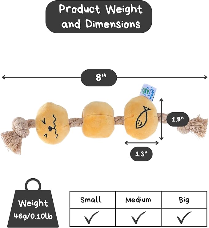Curry Fishball Soft Plush Squeaky Dog Pull Toy - Durable, Iconic, Cute &amp; Fun Rope Toy for Interactive Bonding Time, Sliding Mechanism, Hide Food for Puzzle Play, Small Medium Dogs