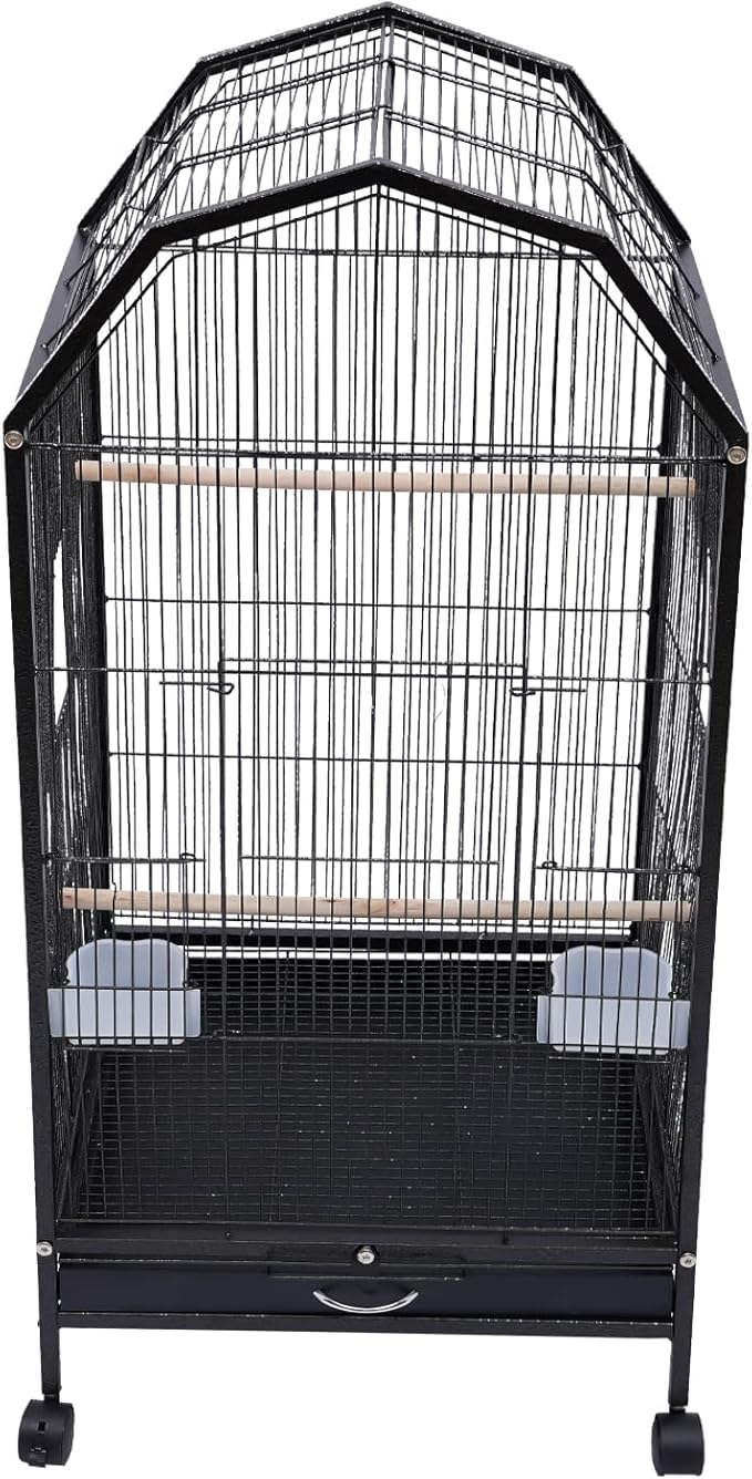 40-Inch Wrought Iron Bird Cage with Open-Top and Rolling Stand, Movable Parrot Cage Pet Bird Flight Cage, 360 Degree View Spacious Interactive Roof Pet Bird House for Medium&amp;Small Birds