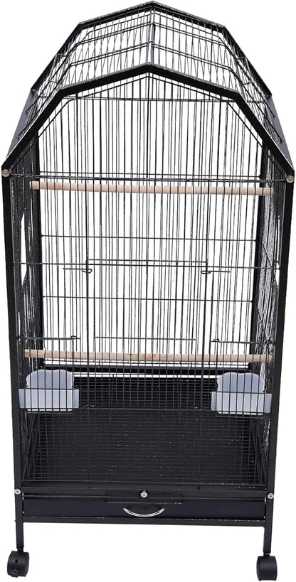 40-Inch Wrought Iron Bird Cage with Open-Top and Rolling Stand, Movable Parrot Cage Pet Bird Flight Cage, 360 Degree View Spacious Interactive Roof Pet Bird House for Medium&amp;Small Birds