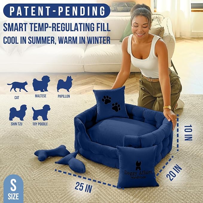 Luxury Cat and Dog Bed Chesterfield – Handcrafted Velvet Throne for Dogs | Joint Support, Calming &amp; Temp-Regulating Comfort | Durable 5+ Years, Anti-Claw, Washable 100+ Times – S, Blue