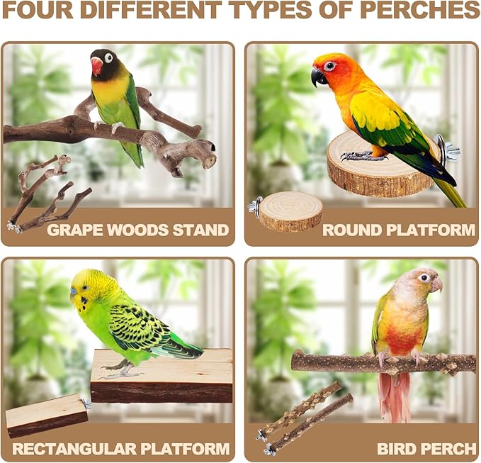 6-Piece Bird Perch Set - Natural Wood Grape Sticks, Paw Grinding Forks, Bird Stand &amp; Toys for Parakeets, Cockatiels, Conure, Budgies
