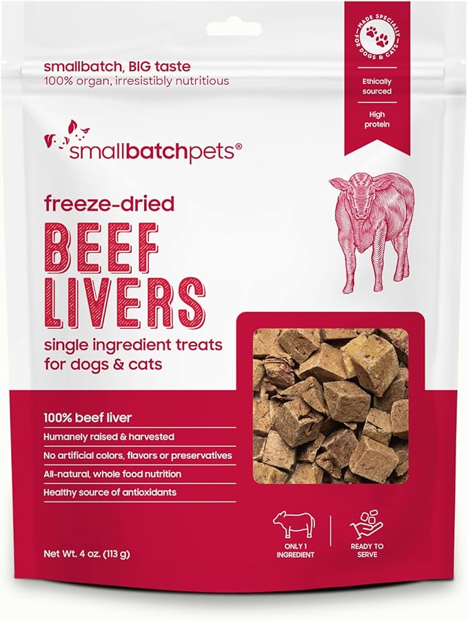 smallbatch Freeze Dried Dog Treats, Beef Liver Treats for Dogs &amp; Cats, High Protein, Single Ingredient Dog Treat for Training or Food Topper, Natural, Humanely Sourced Meat, Made in The USA, 4 oz