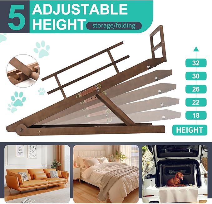 Dog Ramp, 5 Level Adjustable Height Folding Pet Ramp for High Bed, Portable Paw Ramps Large Bed Ramp for Medium &amp; Large Old Dogs &amp; Cats - Natural Wood Furniture Quality