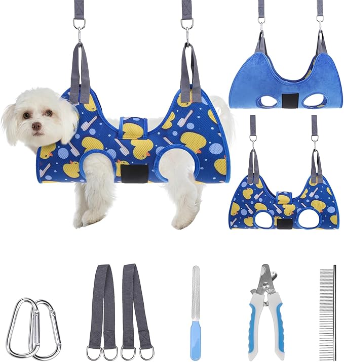 PAWCHIE Dog Grooming Hammock Harness for Dogs &amp; Cats with Pet Nail Clipper Trimmer - Cat Hanger Sling for Trimming Clipping Nails- Dog Hammock Restraint Bag for Small Medium Large Dog, Navy Blue XS