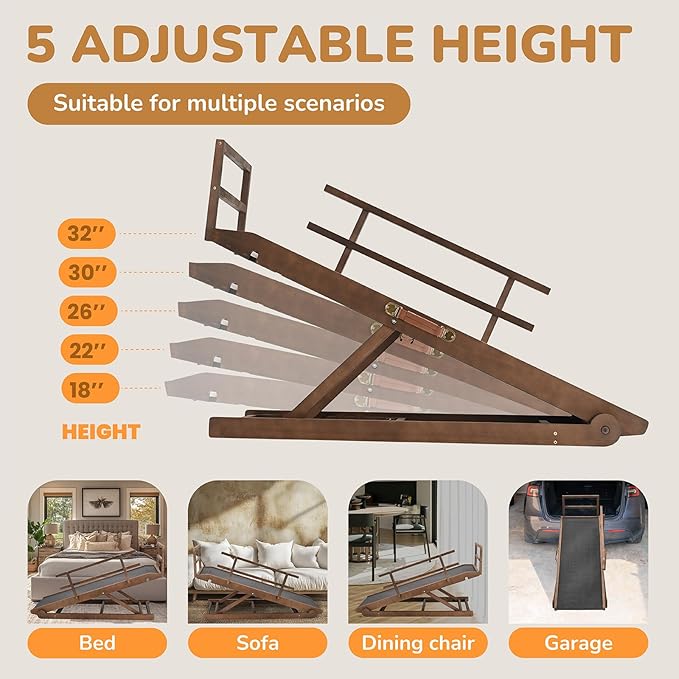 Dog Ramp for Bed, 5 Level Adjustable Dog Ramp for High Beds, Upgrade Rubber Mat High Traction Ramp with Safety Rails, Folding Pet Ramp for Bed, Couch,SUV, Natural Wood Pet Ramp for Small &amp; Old Dogs