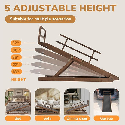 Dog Ramp for Bed, 5 Level Adjustable Dog Ramp for High Beds, Upgrade Rubber Mat High Traction Ramp with Safety Rails, Folding Pet Ramp for Bed, Couch,SUV, Natural Wood Pet Ramp for Small &amp; Old Dogs