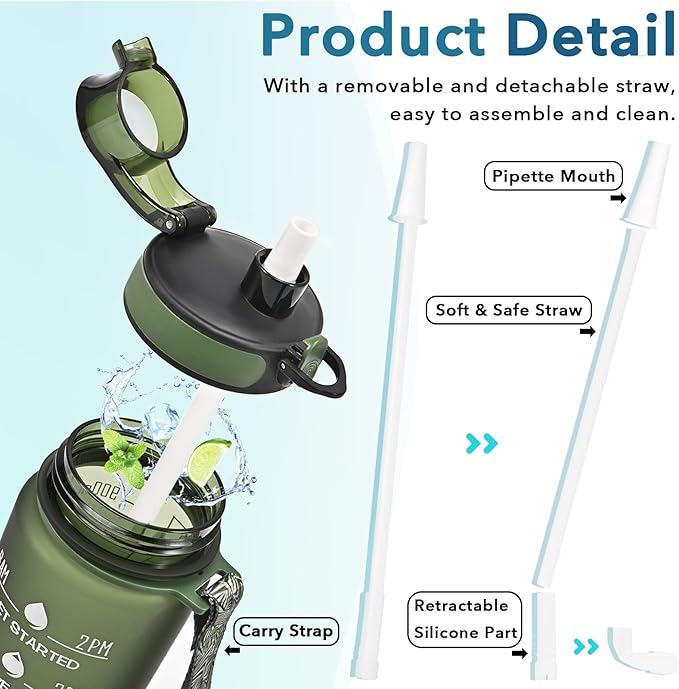 Enerbone Water Bottle, Leakproof BPA &amp; Toxic Free, Motivational Water Bottle with Times to Drink and Straw, Fitness Sports Water Bottle with Strap for Office, Gym, Outdoor Sports