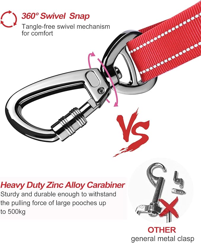 AUBELL Dog Seat Belt for Car,2 Pack Set 3-in-1 Adjustable Reflective Bungee Heavy Duty Dog Car Harness Tether with Clip Hook Latch &amp; Buckle,Swivel Zinc Alloy Carabiner,Black+Red