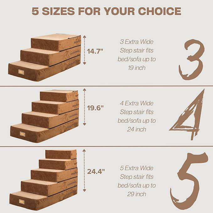 All-in-One Adjustable Dog Stairs – 5-Step Premium Pet Ramp for Small to Large Dogs – Sturdy, Non-Slip &amp; Versatile for Beds, Sofas &amp; More - Soft Cover, Modern Design (Brown)