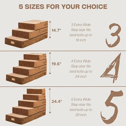 All-in-One Adjustable Dog Stairs – 5-Step Premium Pet Ramp for Small to Large Dogs – Sturdy, Non-Slip &amp; Versatile for Beds, Sofas &amp; More - Soft Cover, Modern Design (Brown)
